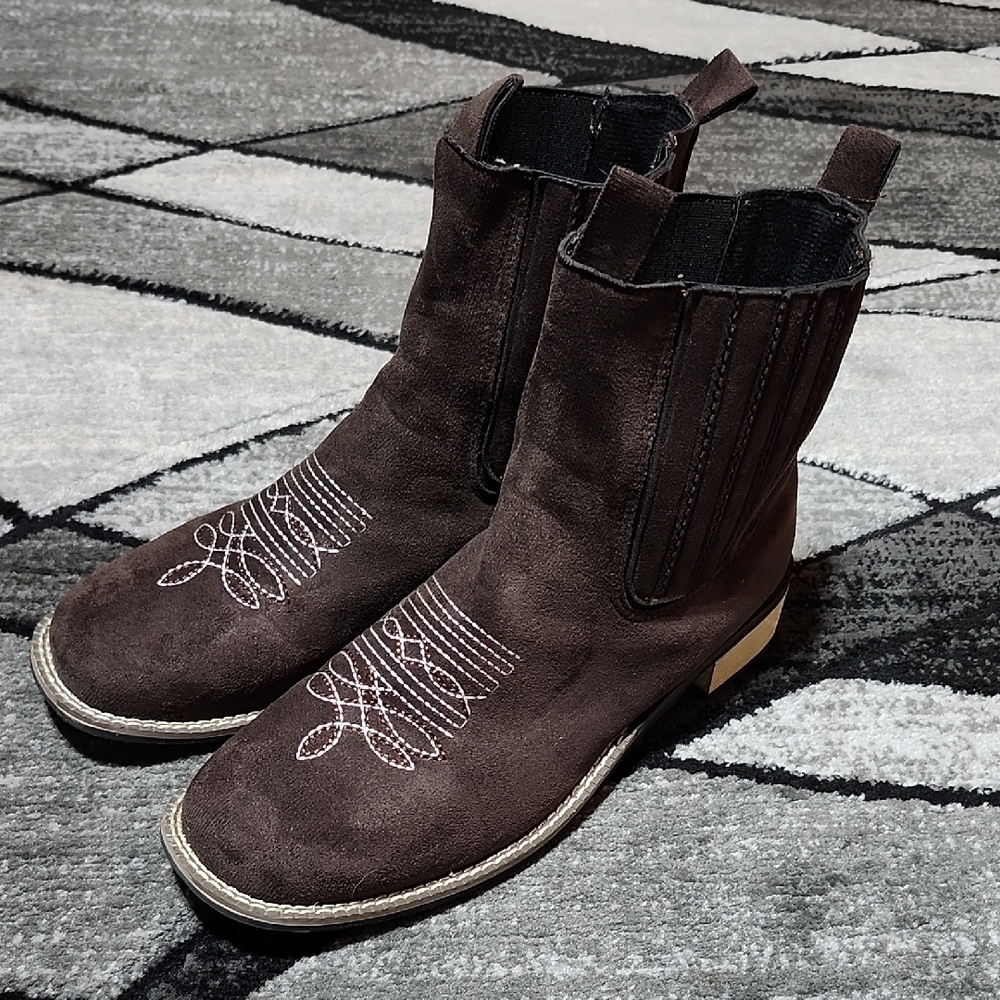 WESTERN COWBOY BROWN EMBROIDERED SQUARE-TOE ANKLE BOOTS 46